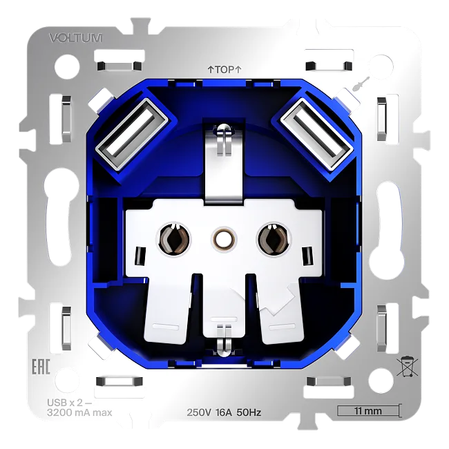 Механизм розетки с заземлением и защитными шторками 16А, с USB A+A, S70