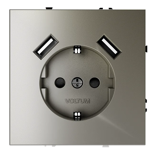 Розетка встраиваемая VOLTUM S70 с заземлением и защитными шторками, 16А, с USB, A+A, (шелк)