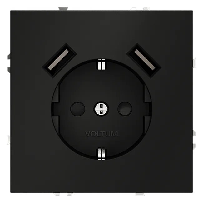 Розетка встраиваемая VOLTUM S70 с заземлением и защитными шторками, 16А, с USB, A+A, (черный матовый