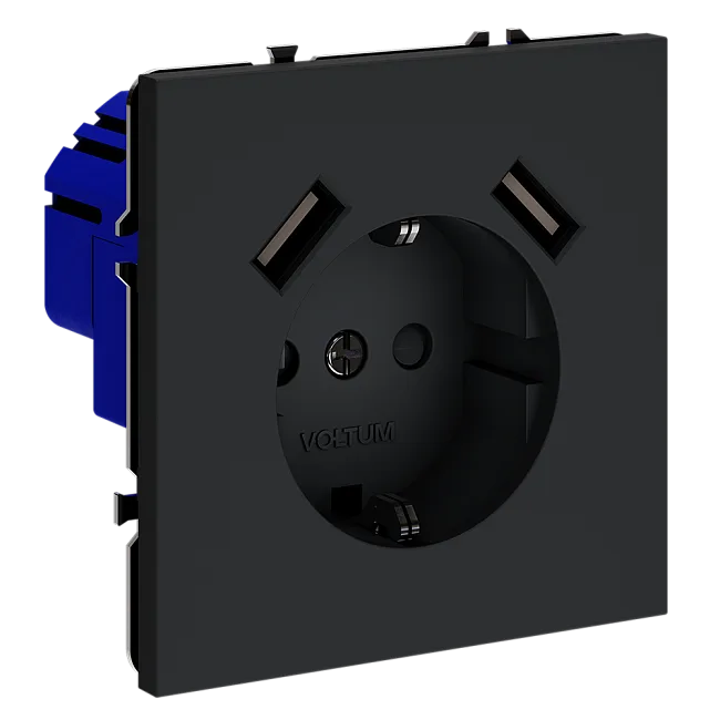 Розетка встраиваемая VOLTUM S70 с заземлением и защитными шторками, 16А, с USB, A+A, (графит)