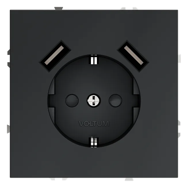 Розетка встраиваемая VOLTUM S70 с заземлением и защитными шторками, 16А, с USB, A+A, (графит)