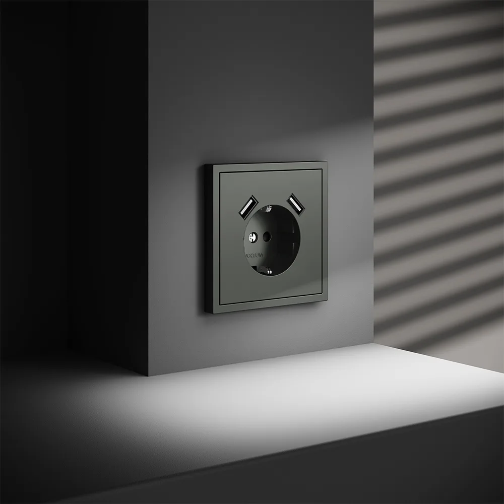 Розетка встраиваемая VOLTUM S70 с заземлением и защитными шторками, 16А, с USB, A+A, (титан)