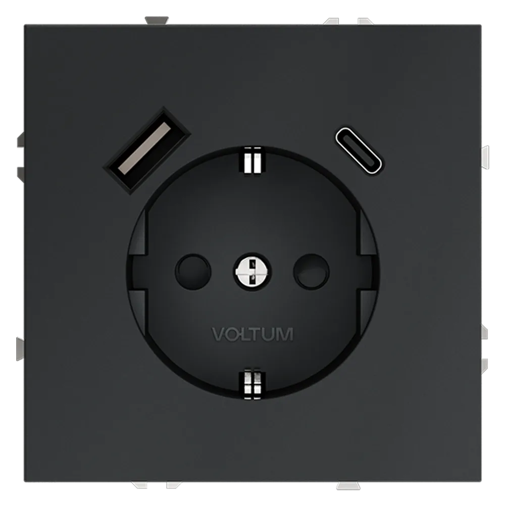 Розетка встраиваемая VOLTUM S70 с заземлением и защитными шторками, 16А, с USB, A+С, (графит)