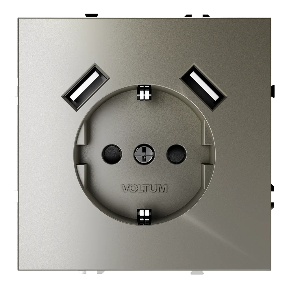 Розетка встраиваемая VOLTUM S70 с заземлением и защитными шторками, 16А, с USB, A+A, (шелк)