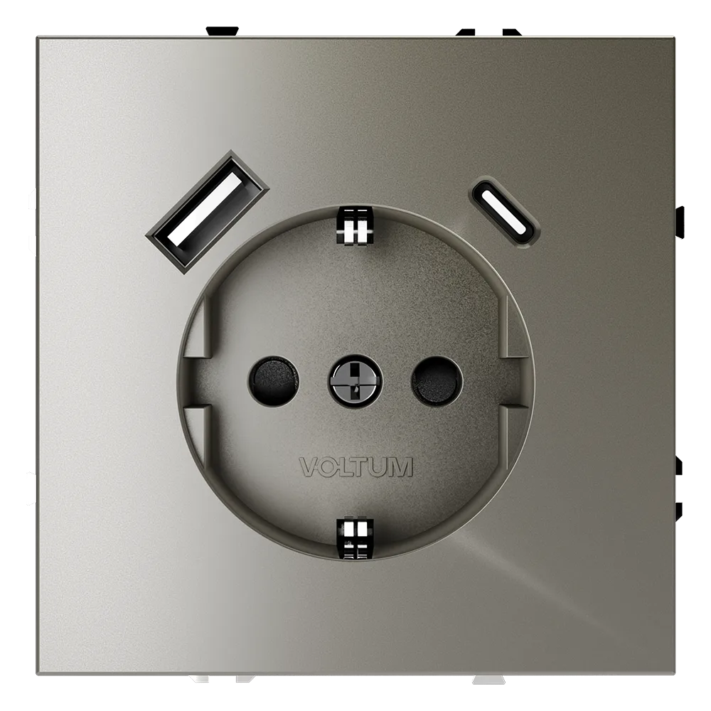 Розетка встраиваемая VOLTUM S70 с заземлением и защитными шторками, 16А, с USB, A+С, (шелк)