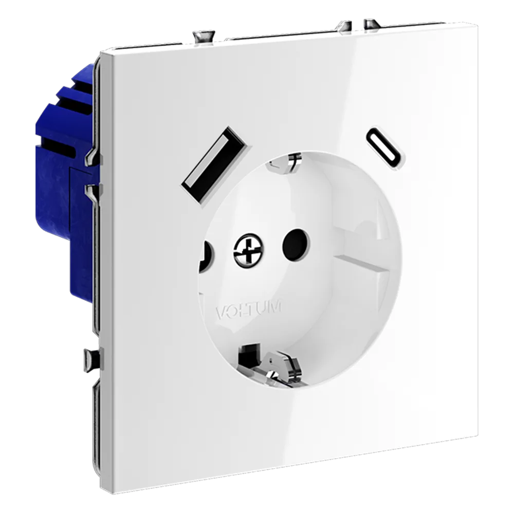 Розетка встраиваемая VOLTUM S70 с заземлением и защитными шторками, 16А, с USB, A+С, (белый глянцевы
