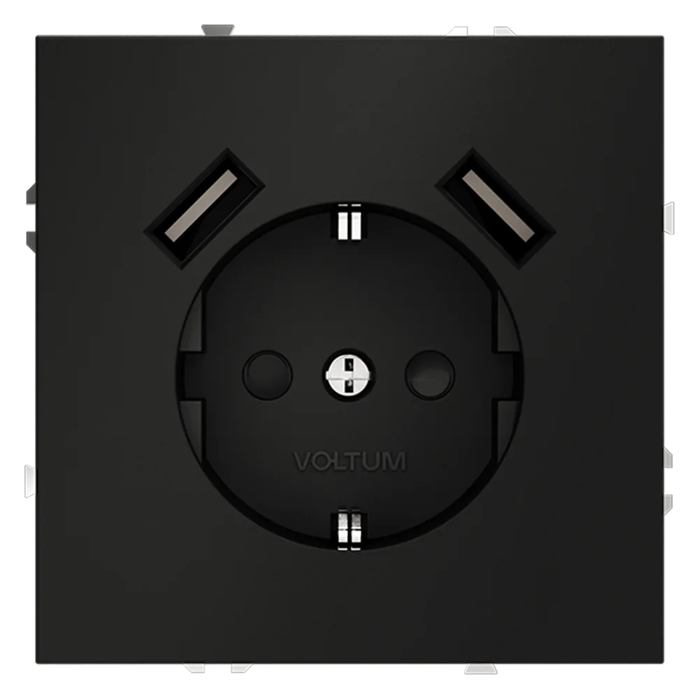 Розетка встраиваемая VOLTUM S70 с заземлением и защитными шторками, 16А, с USB, A+A, (черный матовый