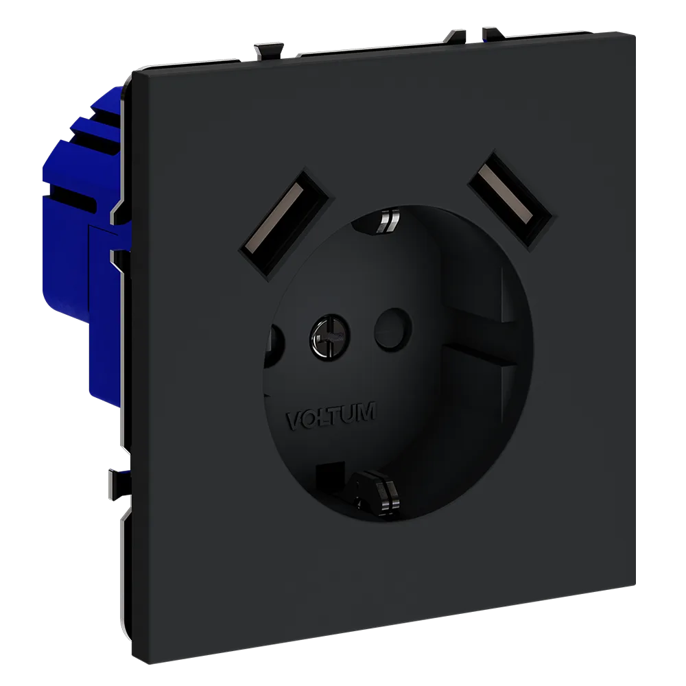 Розетка встраиваемая VOLTUM S70 с заземлением и защитными шторками, 16А, с USB, A+A, (графит)