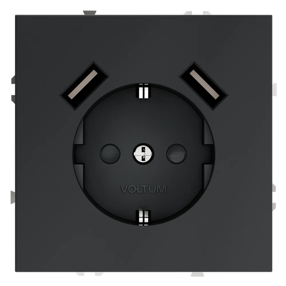 Розетка встраиваемая VOLTUM S70 с заземлением и защитными шторками, 16А, с USB, A+A, (графит)